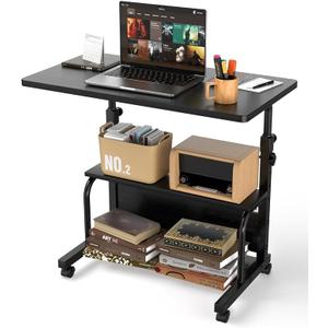 QZMDSM Portable Rolling Desk on Wheels Adjustable Height Desks for Small Spaces, 32" Computer Desk Drafting Tables with Storage Shelves for Home Office Black