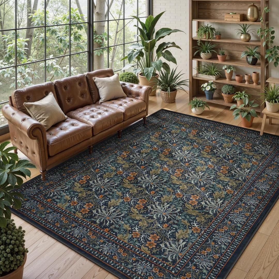Collive 8x10 Area Rugs for Living Room, Washable Boho Vintage Floral William Morris Botanical Large Rug, Soft Non Slip Low Pile Stain Resistant Carpet for Bedroom Dining Room Office, Teal