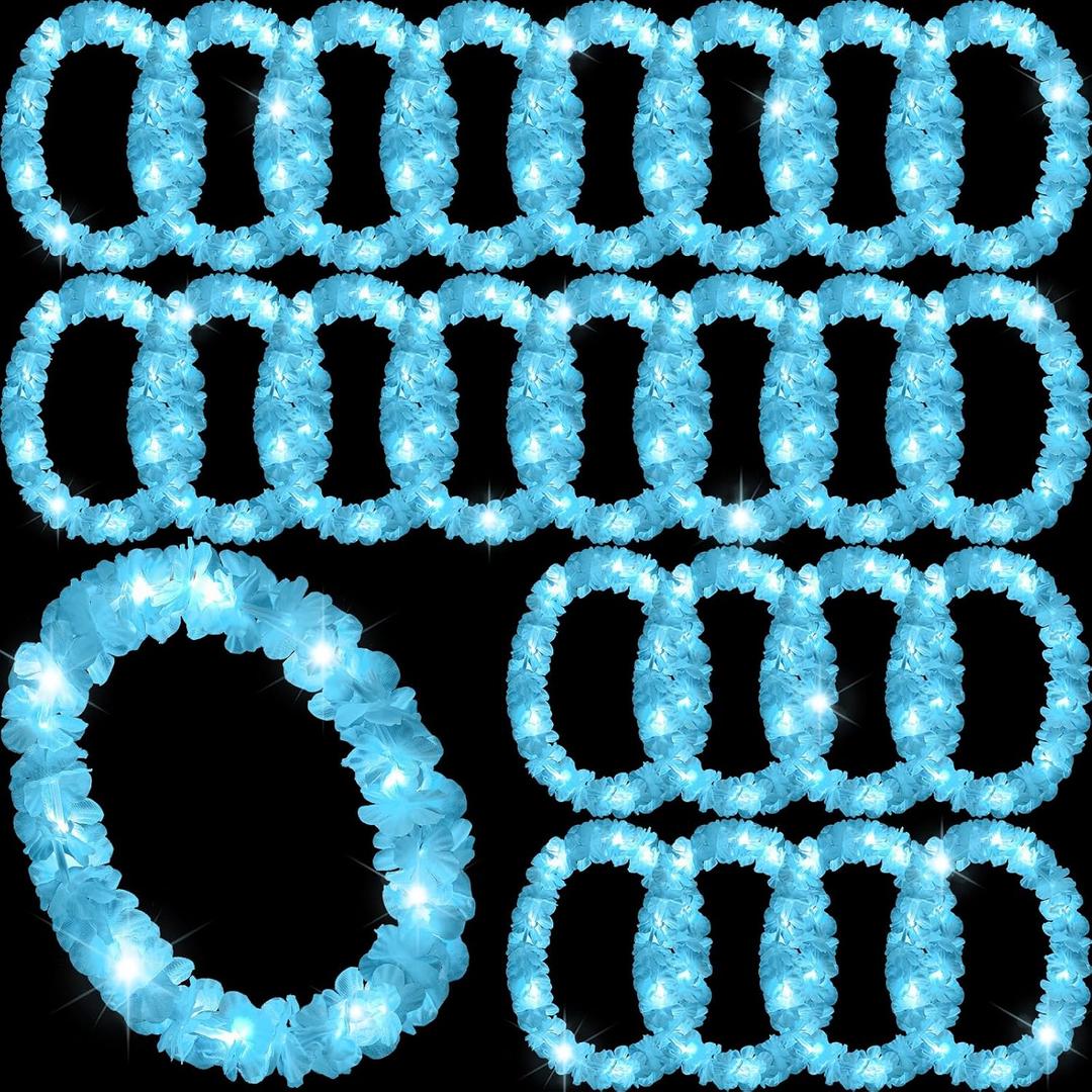 Sherr 24 Pcs LED Leis Light up Wedding Hawaiian Leis Flower Necklace with LED Lights Beach Tropical Carnival Party Wedding Supplies Luau for Masquerade(Baby Blue)