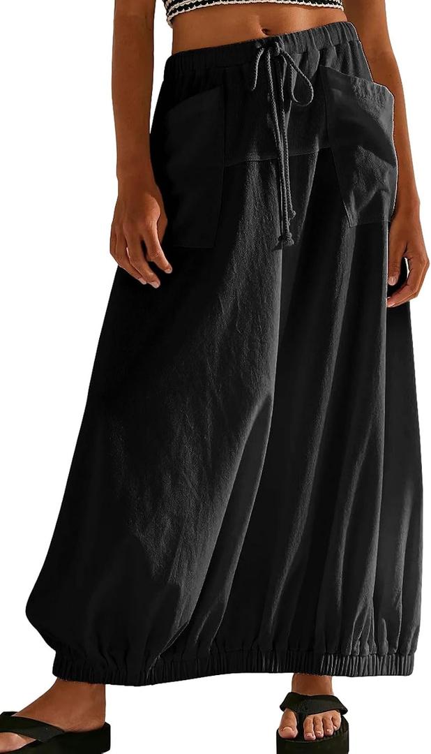 CHARTOU Women Baggy Parachute Skirt Comfy Casual Cotton Y2k Cargo Maxi Long Skirt (Black, L)
