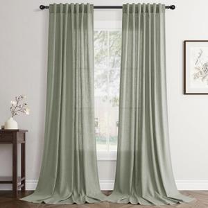 Sage Green Curtains 90 inch Length 2 Panels for Bedroom Back Tab Light Filtering Semi Sheer Drapes Linen Textured Light Green Airy Modern Farmhouse Living Room Sage Aesthetic Decor