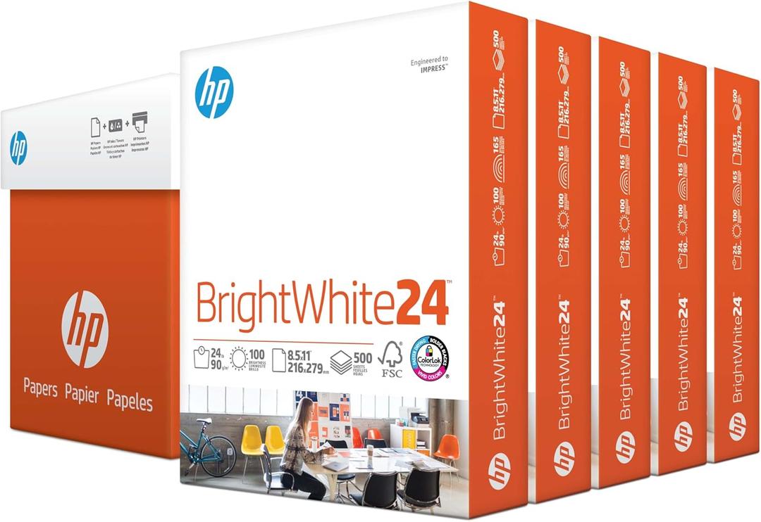 HP Paper Printer Paper 8.5x11 Office 20 lb 5 Ream Case 2500 Sheets 92 Bright Made in USA FSC Certified Copy Paper HP Compatible 112150C