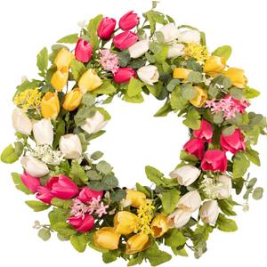22 Inch Easter Wreath for Front Door, Tulip Wreaths with Eucalyptus, Spring Wreath Decor for Porch Wall Indoor Outdoor, Pink White Yellow Floral Home Decor