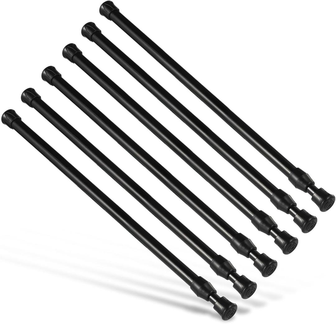 6Pcs Tension Rod, Goowin Tension Curtain Rod, No Drilling Rustproof Spring Small Tension Rod, Adjustable Tension Rods for Closet, Kitchen, Cupboard, Wardrobe, Bookshelf (Black, 16-28 inch)