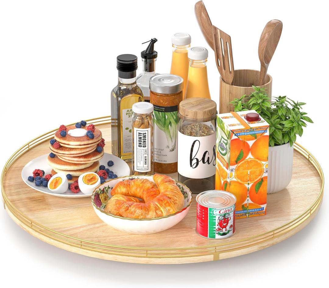 24 Inch Extra Large Lazy Susan Turntable - Premium Solid Oak Wood & Iron | Rustic Farmhouse Rotating Tray for Dining Table, Kitchen Countertop, Centerpiece Decor | Smooth 360 Spin | Durable & Stylish