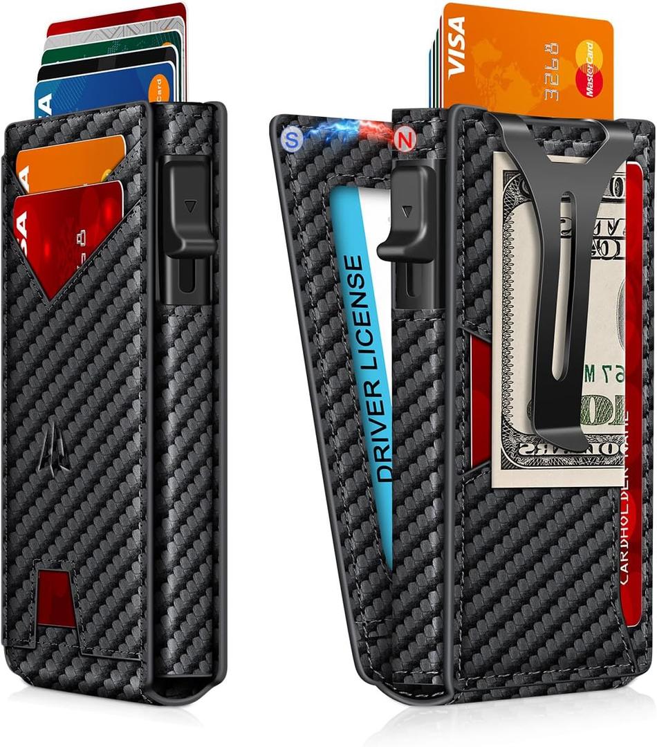 Wallet for MenSlim Minimalist Wallet with Money Clip  ID Window, RFID Blocking Pop-Up Credit Card HolderSmart Auminum Mens Wallet Holds 9-13 Cards, Front Pocket Bifold (Magnetic Closure, Gift Box) (Carbon Fiber)