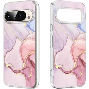 CameCosy Floral Case for Google Pixel 9 Pro 6.3inch with Luxury Pink Marble Pattern for Women Girls, Transparent Soft TPU Ultra Slim Anti-Scratch Shockproof Protective Cover for Google Pixel 9 Pro