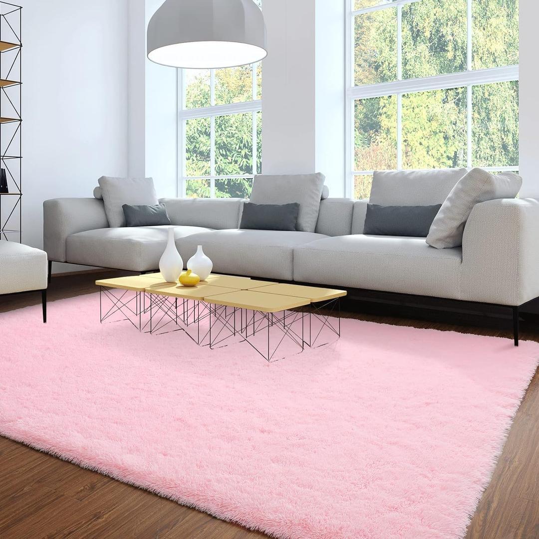 Merelax Soft Modern Indoor Large Shaggy Rug for Livingroom Bedroom Dorm Kids Room Home Decorative, Non-Slip Plush Fluffy Furry Fur Area Rugs Comfy Nursery Accent Floor Carpet 8x10 Feet, Pink