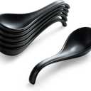 Gomakren Asian Soup Spoons, 6.5 Inch Ceramic Chinese Soup Spoons for Cereal, Ramen, Pho, Noodles, Stews, Black Kitchen Spoons with Long Handle and Deep Oval Design - Set of 6