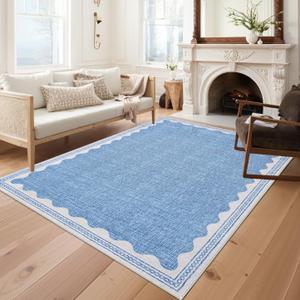 GarveeHome Scalloped 8x10 Rug for Living Room Washable Non-Slip Solid Blue Modern Minimalism Low-Pile Carpet 8 x 10 Rug for Bedroom Dining Nursery Mat with Rubber Back