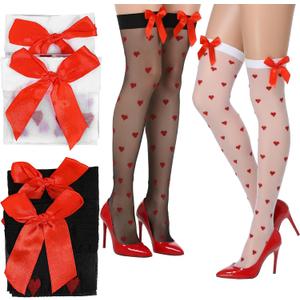 2 Pairs Women's Sexy Thigh High Stockings with Red Bowknots and Heart Valentine's Day Over Knee Black White Satin Socks Heart Tights Valentines Day Stockings for Women