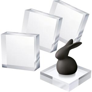 4 Pcs Acrylic Display Block, 4 x 4 x 1 Inch Clear Polished Square Cube Riser Pedestal Stand for Jewelry Rings Cake Perfume Ornaments Collection