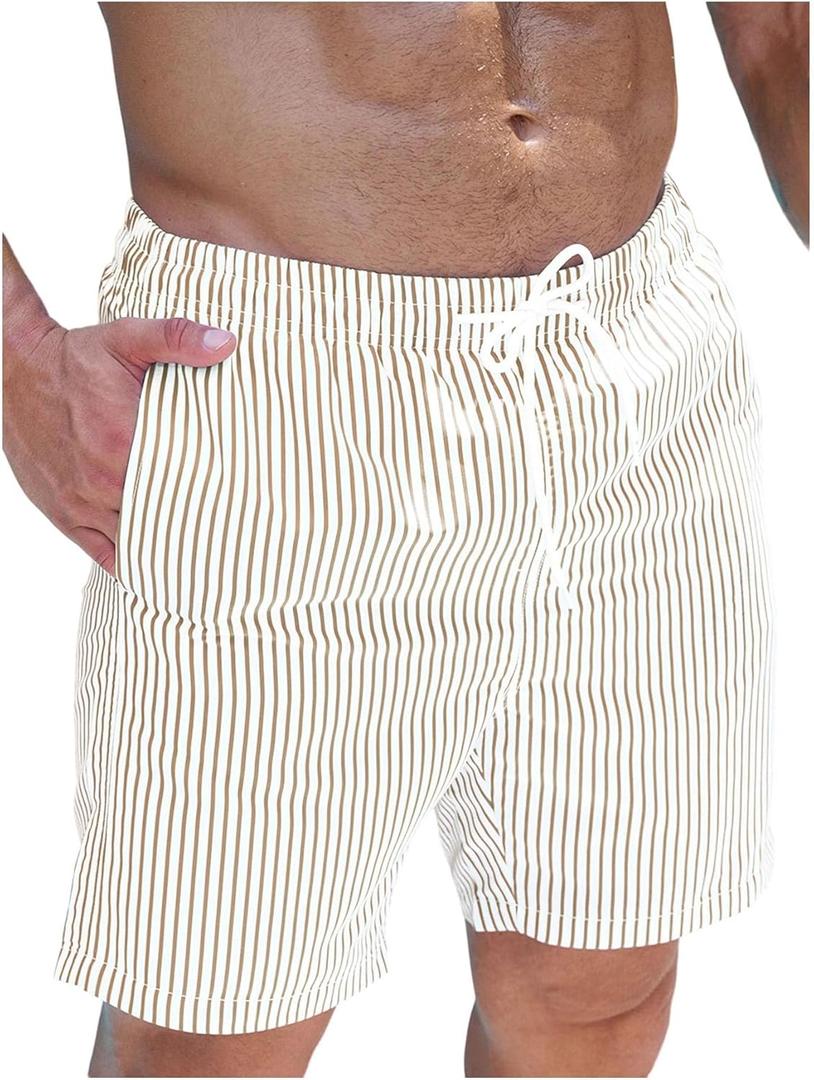 SOLY HUX Men's Striped Beach Shorts Swimwear Bottom Swim Trunks with Compression Liner (Large)