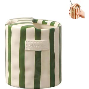 Coffee Mug Espresso Cup, 10oz Hand-Painted Striped Ceramic Coffee Cup, Ceramic Mug with Sip Hole, Espresso Coffee Mug, Heat and Cold Resistant, for Coffee, Milk, and More (Green)