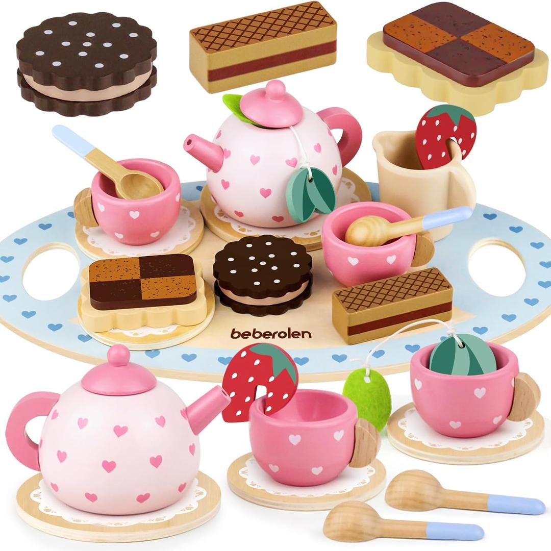 Wooden Tea Set for Little Girls Birthday Gift 3-4 Year Old Princess Toys Play Food Sets for Kids Kitchen Accessories Toddlers 3-5 Outdoor Party Pretend Food Dessert Cookies Wood Toy