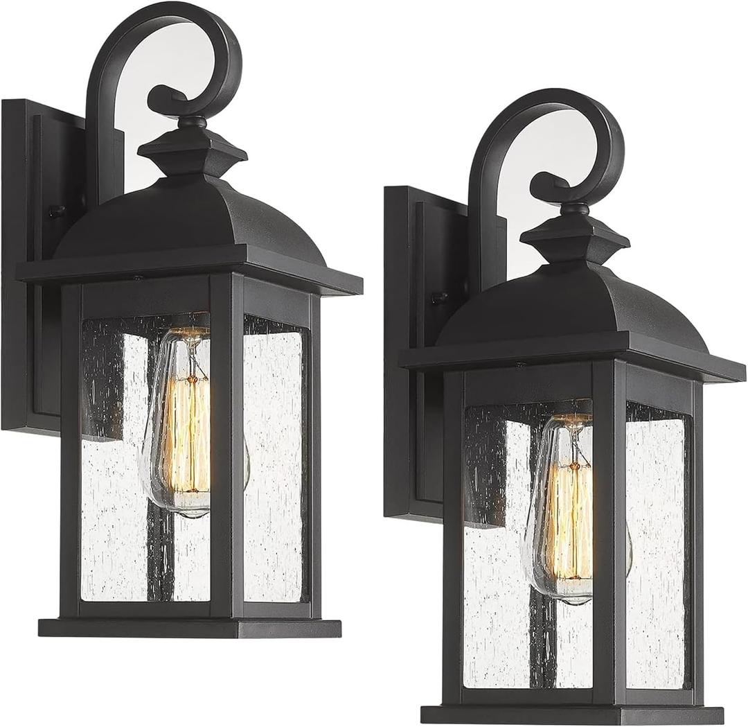FEMILA Exterior Wall Sconce,2 Packs Outdoor Waterproof Wall Lights Fixture,E26 Socket Wall Lantern for Porch,AntiRust Matte Black Finish with Seeded Glass Lampshade,4FD54B2PK BK