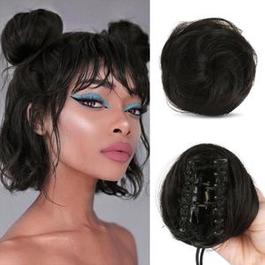 SOFEIYAN 2PCS Mini Claw Clip in Hair Bun Extension Synthetic Wig Accessory Updo Space Bun Hair Messy Cat Ears Hair Bun Pieces for Women, Darkest Brown Tend to Black