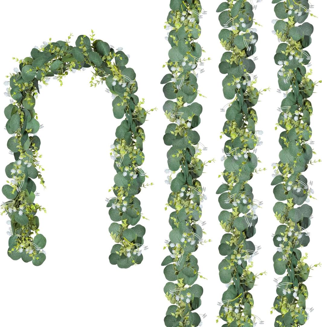 CQURE 4Pcs Eucalyptus Garland, Artificial Eucalyptus Leaves Table Greenery Garland Wreath Vines for Wedding Party Table Fireplace Bedroom Wall Room Decor (23.6 Ft with Flowers)