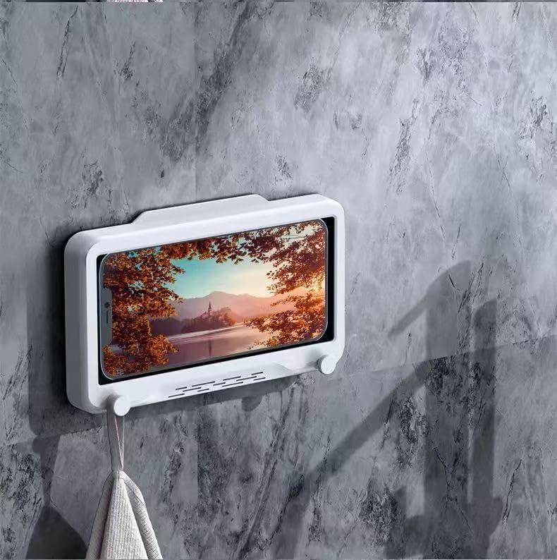 Upgraded Rotating Waterproof Phone Holder - Bathroom Shower Hook with Dual Hooks, Touchscreen and Fog-Proof Design Compatible with iPhone & Android Smartphones, Strong Adhesive (White)