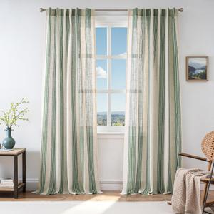 DriftAway Farmhouse Curtains for Living Room Vertical Striped Linen Curtains Semi Sheer Light Filtering Back Tab Rod Pocket Window Treatments, 96 Inches Long, 2 Panels, Loden Green on Beige