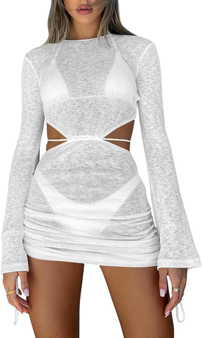 Kaximil Women's Swimsuit Coverup Long Sleeve Sexy Beach Bathing Suit Cover Ups Mini Dress Swimwear, Small, White