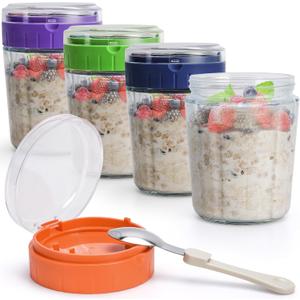 EONJOE Overnight Oats Containers with Lid and Spoon - 16oz Glass Mason Jars for Meal Prep, Yogurt,Pudding- Set of 4 (Orange+Fruit green+Blue+Purple)