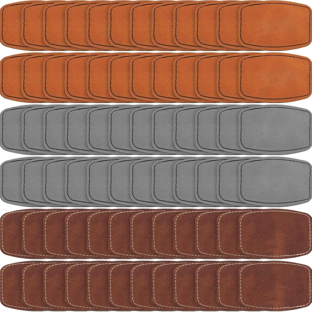 Dunzy 60 Pcs Blank Leatherette Hat Patches with Adhesive Rustic Rounded Rectangle Patch Faux Leather Patches for Hats Costumes Fabric Repair Sew Laser Supplies(Khaki, Gray, Brown,2x3inch)