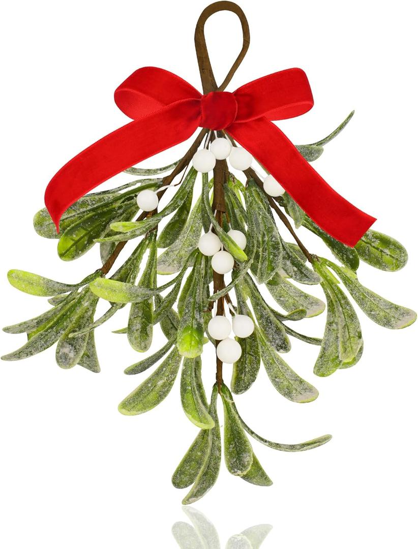 Mistletoe Christmas Decor, Artificial Fake Hanging Mistletoe Picks with Velvet Bow Berries,Like Real Christmas Kissing Ball Ornaments for Kitchen Doorway Tree Decorations (White) (1)
