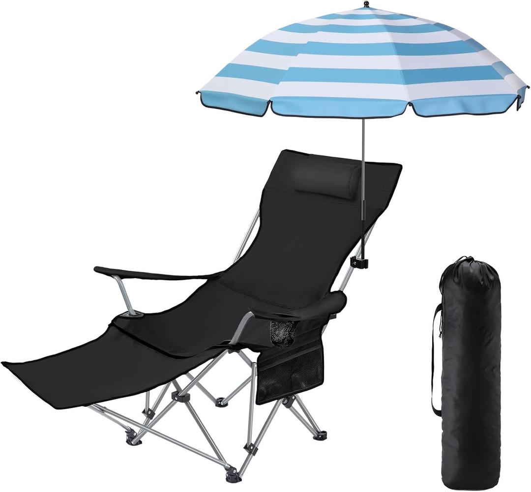 Karenhi 1 Set Beach Camping Chair with Umbrella for Adult Folding Reclining Camping Chair with Foot Rest Adjustable Clamp Canopy Shade for Outdoor Patio Beach Travel