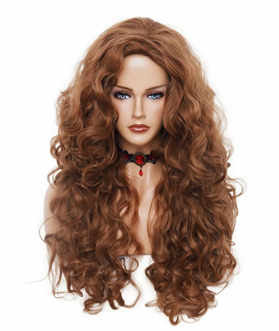 Rugelyss Long Wavy Wigs 28 Inches Natural Ginger Synthetic Kinky Curly Hair Wig for Women or Cosplay (Ginger)