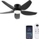 Ceiling Fans with Lights, 43 Inch Low Profile Ceiling Fan with Light and Remote/App Control, Flush Mount, Reversible DC Motor, 3CCT, Dimmable, Noiseless, Black Ceiling Fan for Indoor/Outdoor Use