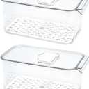 SANNO Produce Saver Refrigerator Organizer Bins with Lids And Removable Drain Tray Food Storage Container Fridge Stackable Freezer Bins For Kitchen Produce Fruit Vegetable (Set of 2) (12.4 x 6.4x 5.7"+12.4 x 6.4x 5.7")