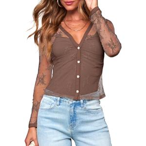 BNOOUIL Sexy Lace Tight Shirts for Women Long Sleeve Mesh Sheer Shirts Button Down Floral Blouse Tops (Large, Brown)