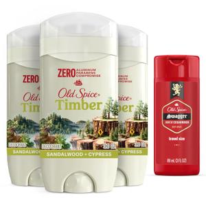 Old Spice Men's Deodorant Aluminum-Free Timber with Sandalwood, 3.0oz Pack of 3 with Travel-Size Swagger Body Wash