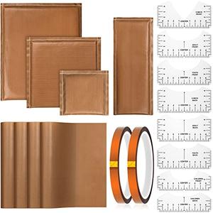 Tatuo 18 Pcs Heat Press Pillow Mat Kit 4 Size Pressing Transfer Pillows, 4 PTFE Transfer Sheet, 2 Heat Resistant Tape and 8 Size T Shirt Ruler Guide for DIY Screen Printing Sublimation Project(Brown)