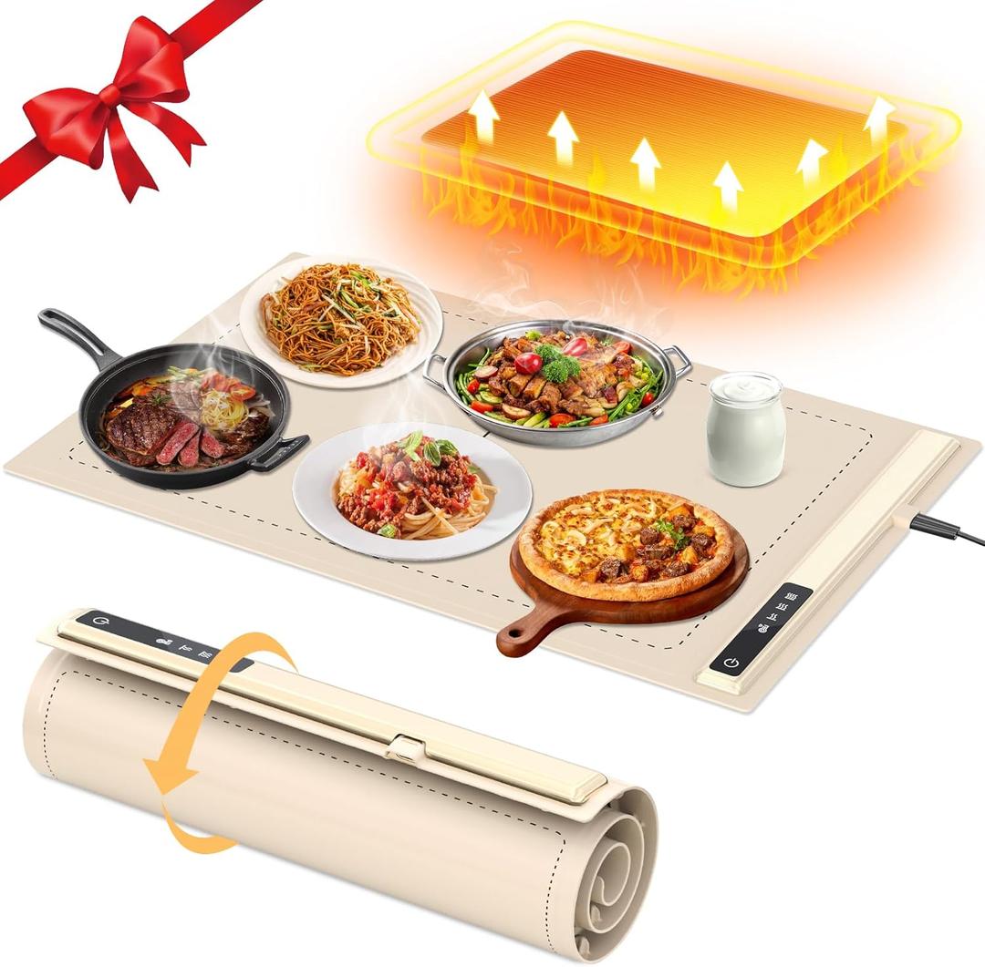 Upgrade Warming Mat for Food with Adjustable Temperature-Portable Electric Warming Tray,Roll Up Silicone Food Warmer for Parties with 3 Temperature Settings,Versatile Food Warmers for Parties Buffet (Beige)