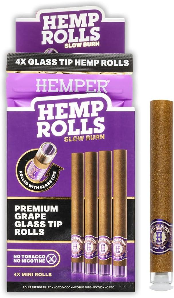 Hemper Pre-Rolled Mini Size Hemp Rolls with Reusable Glass Tips - 4PK | 12ct Display | Hand-Rolled, Natural Hemp Paper Rolls in Protective Case for Smooth, Clean Burn and Freshness - (Grape)