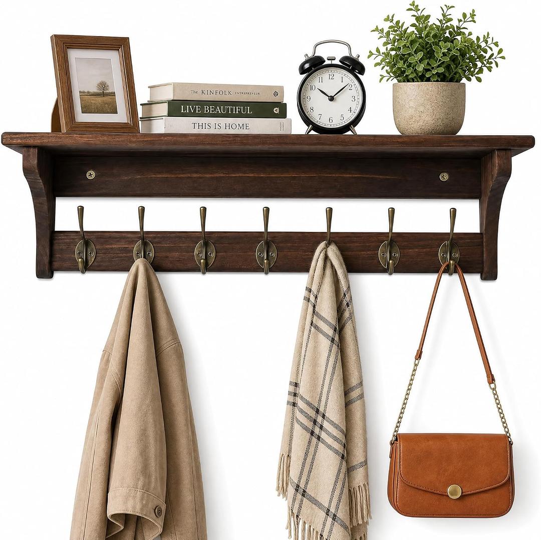 Wall Mounted Coat Rack with Shelf, Solid Wood & Bronze Metal Hooks – 31.1 Inch Entryway Organizer with 7 Hooks for Hanging Coats, Hats, Bags, Keys, Rustic Brown for Hallway，Bedroom（31.1 Inch）