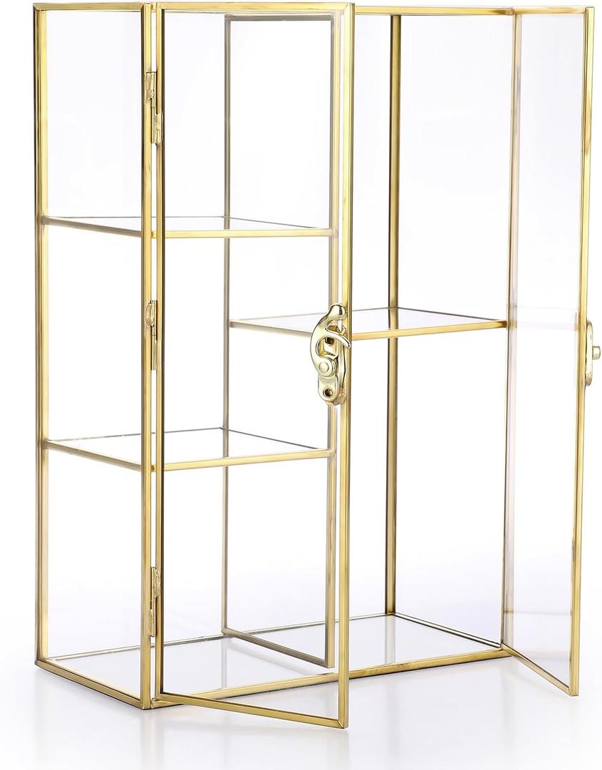 ELLDOO 5 Slots Clear Glass Storage Box, Gold Jewelry Makeup Display Organizer Case, Decorative Tower Box Storage for Trinket Perfume Lipstick Figure Statue Toy Display