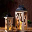 TIMRIS Large Wooden Candle Lanterns Decorative Set of 2, Rustic Farmhouse Whitewash Floor Lanterns, Indoor/Outdoor Hanging Lanterns for Home Decor (No Glass)
