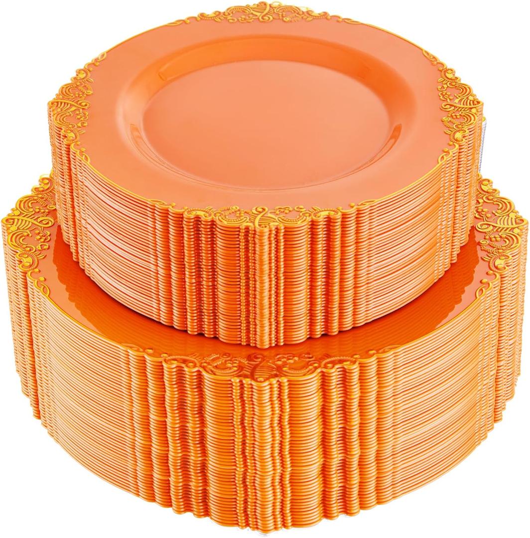 102PCS Orange Plastic Plates - Orange and Gold Disposable Plates - Party Plate with Gold Rim - Vintage Disposable Plate Serving for 51 Guests for New Year Party