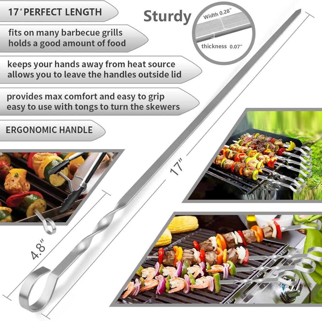 Skewers - 17" Kabob Skewers for Grilling, Metal Sticks for Kabobs Stainless Steel Flat Long Shish Kebab Reusable Grill BBQ Barbecue Sticks for Meat Chicken Vegetable, 10 Pack Bonus 14 Inch