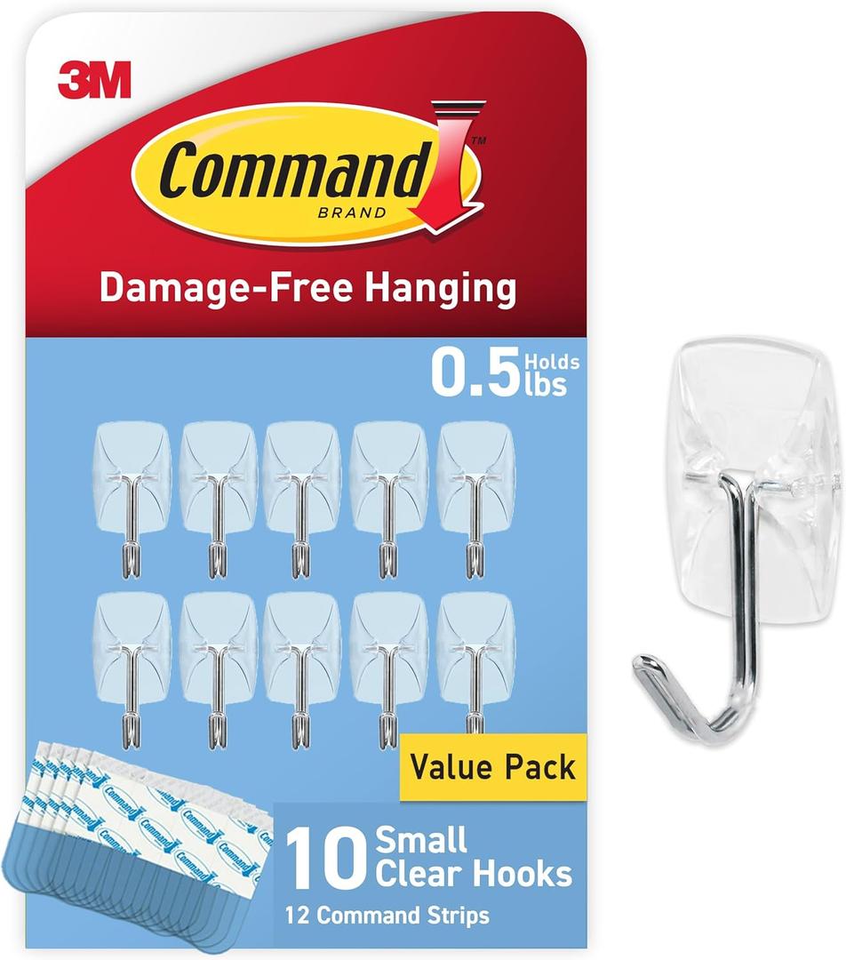 Command Small Clear Wire Toggle Hooks, 10 Hooks and 12 Command Strips, Damage Free Hanging Wall Hooks with Adhesive Strips, Adhesive Hooks for Hanging, Organization and Storage, Holds up to 0.5 lb