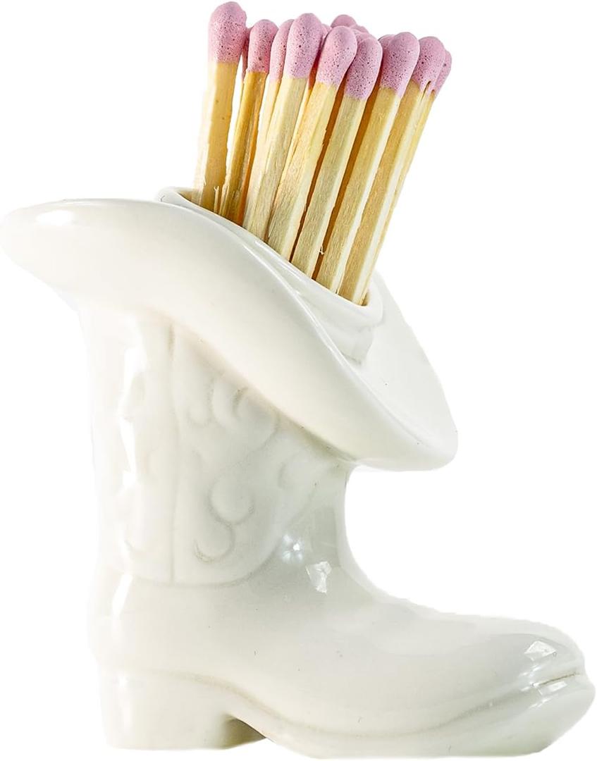 Decorative Cowboy Boot Match Holder With Striker - Ceramic cowgirl boots coastal Western home decor aesthetic, Matchesboxes For pink Bathroom Bedroom Glossy White