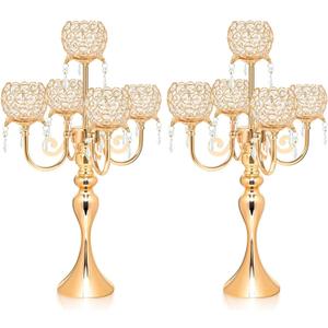2 PCS Kehail Crystal Table Decoration Gold Candle Holder with Pendant, 5 Arm Candelabra Holder Beautiful Hollow Engraved Table Centerpiece for Christmas, Thanksgiving, Weddings, Holiday Parties