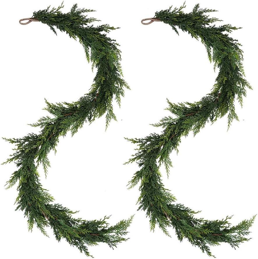 Christmas Cedar Garland,2Pcs 6ft Real Touch Cedar Pine Garland for Mantle Fireplace Outdoor Indoor Christmas Decorations