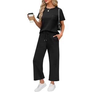 WIHOLL 2 Piece Sets for Women Casual Summer Travel Vacation Outfits Short Sleeve Wide Leg Crop Pants Lounge Sets (Black, XXL)