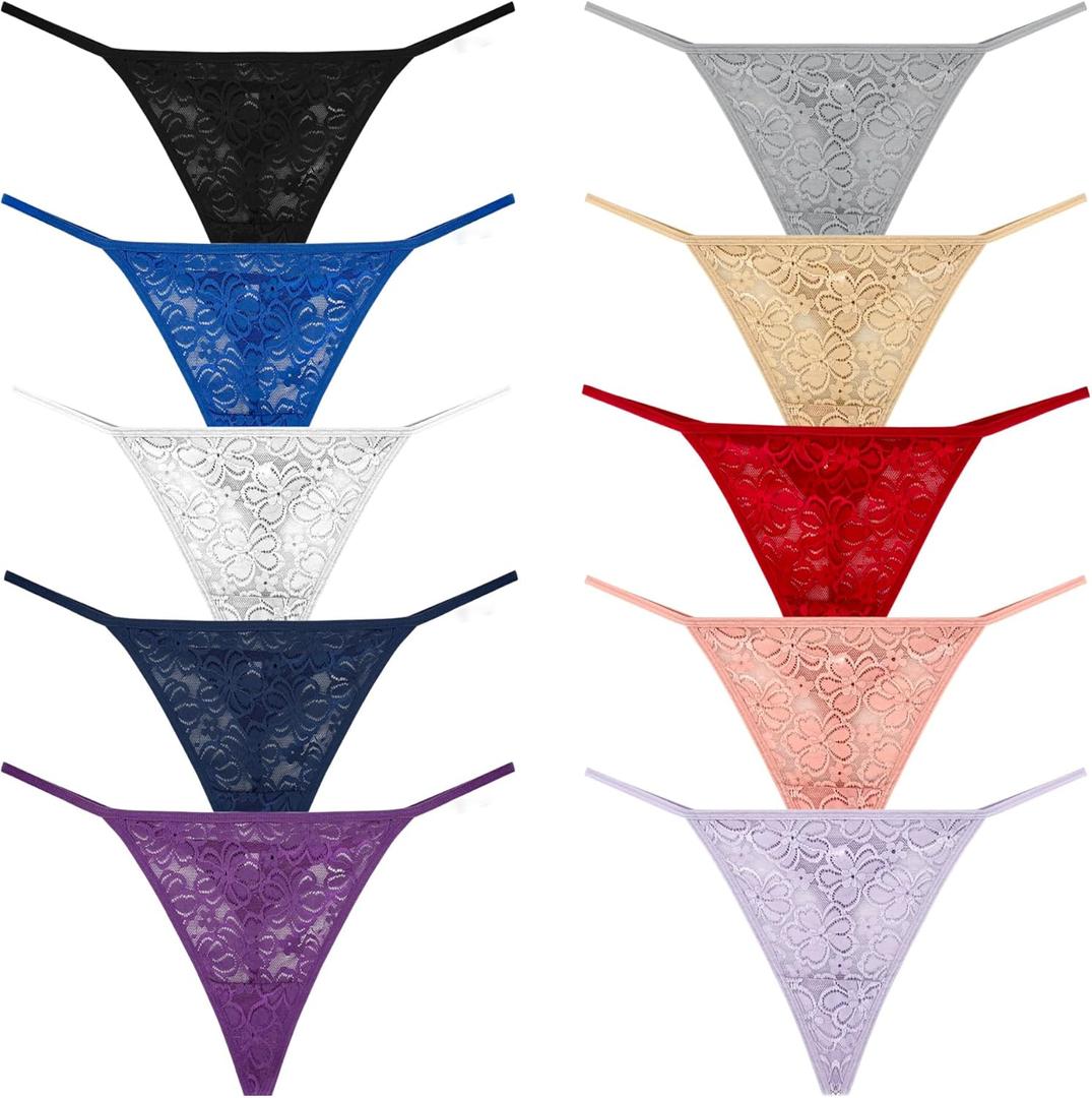 Pack 10 G-String Underwear for Women Lace Thongs Panties, Assorted Different Lace Pattern & Colors (Medium)