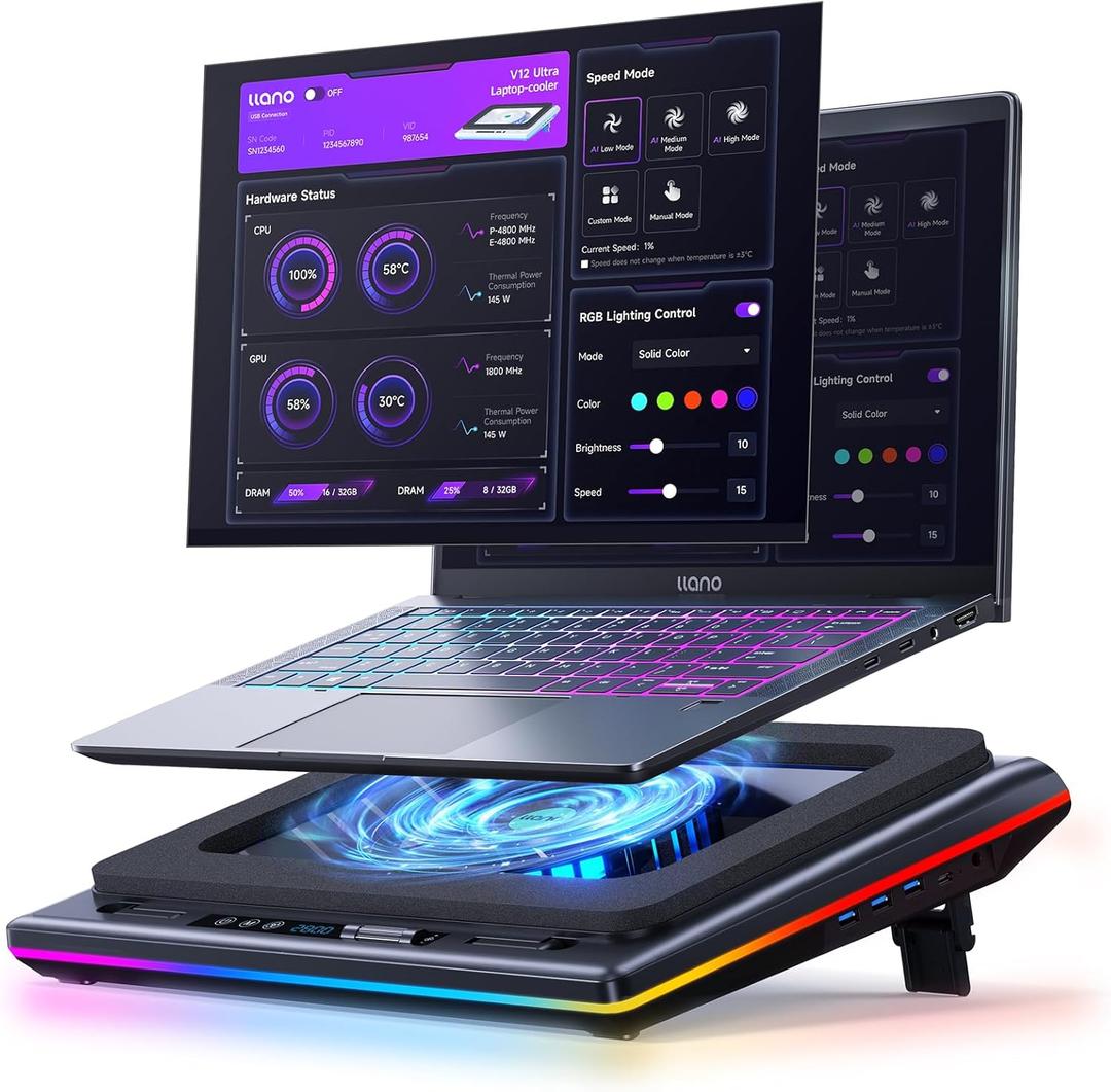 Ilano V12 Ultra Laptop Cooling Pad with Smart Software Control, RGB Gaming Laptop Fan Cooler Stand, 5.5" Turbo Fan, Adjustable Speed, 3-Port USB 3.0 Hub, 3 Height Stands, for 15.6"-19" Laptops, Black