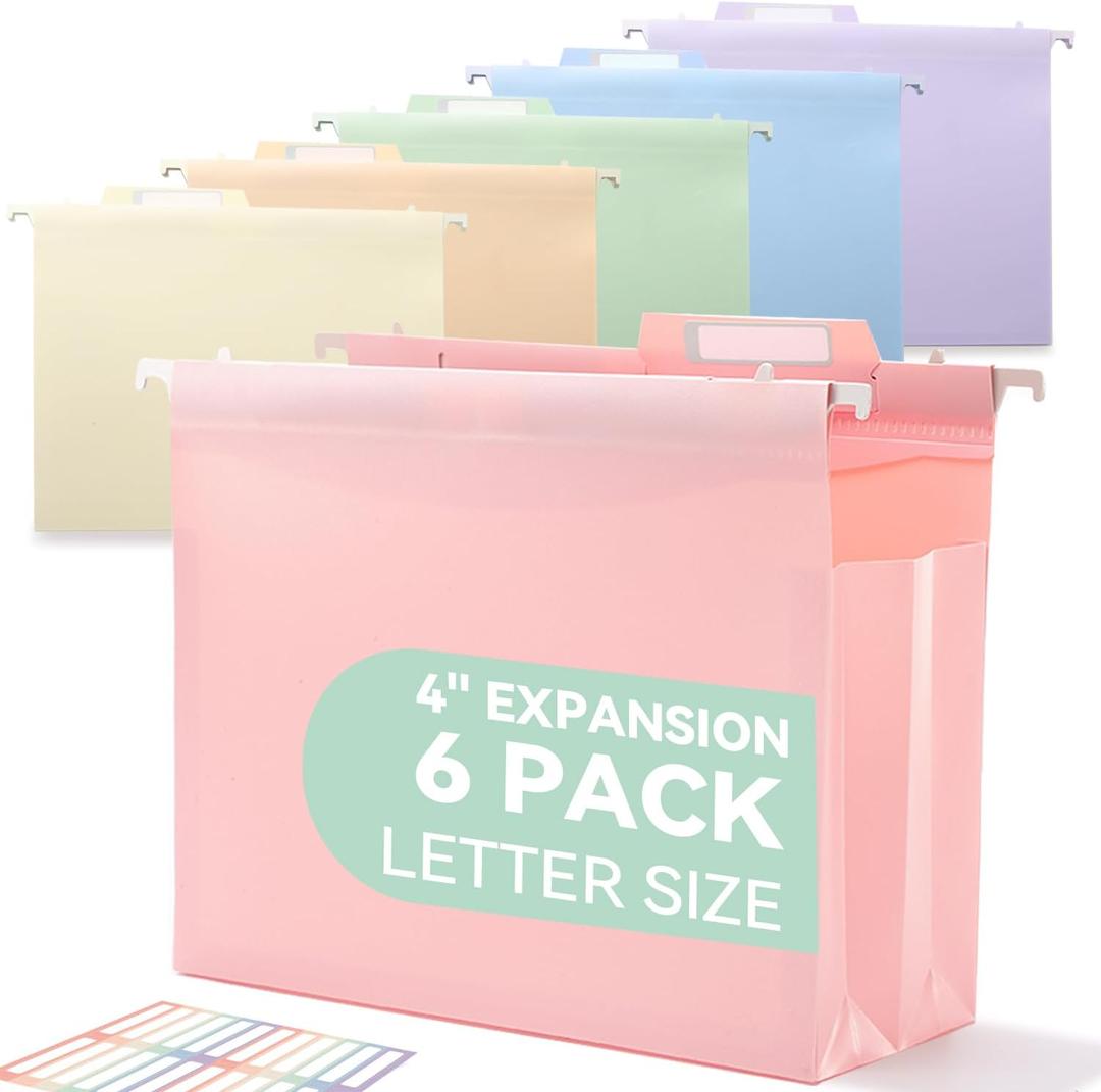 SortRax Plastic High Capacity Hanging File Folders, 4" Expansion for Bulky Documents, Side-Sealed Pocket, Holds Heavy Files, Letter Size, Movable Dividers, Insertable Tabs, 6 Pack, Pastel Colors